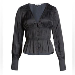 Frame Ruched vneck blouse, peplum style, black, women’s size large. NWOT